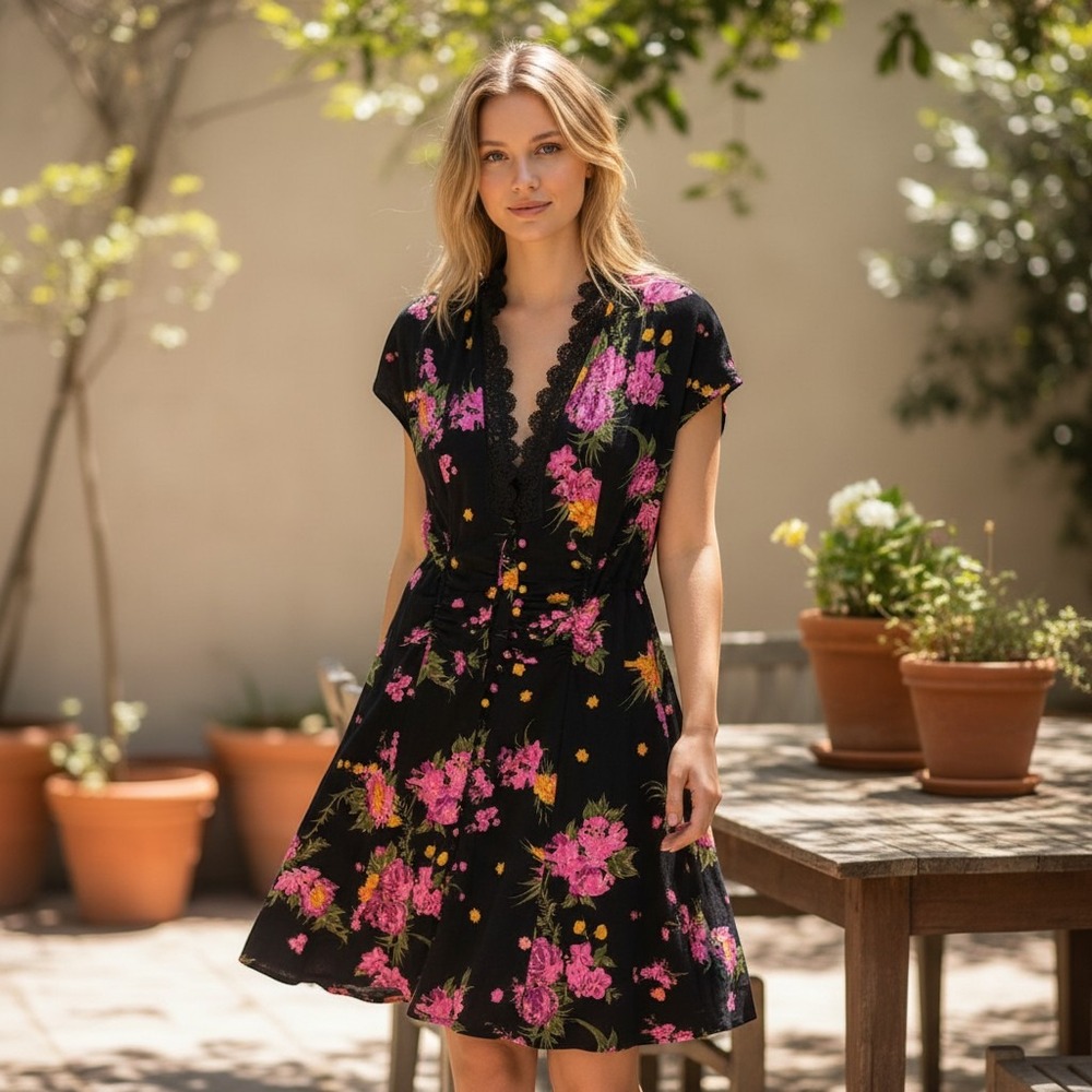 Free People Floral Mini Dress Womens S Black Pink Lace‎ V-Neck Cap Sleeve Boho